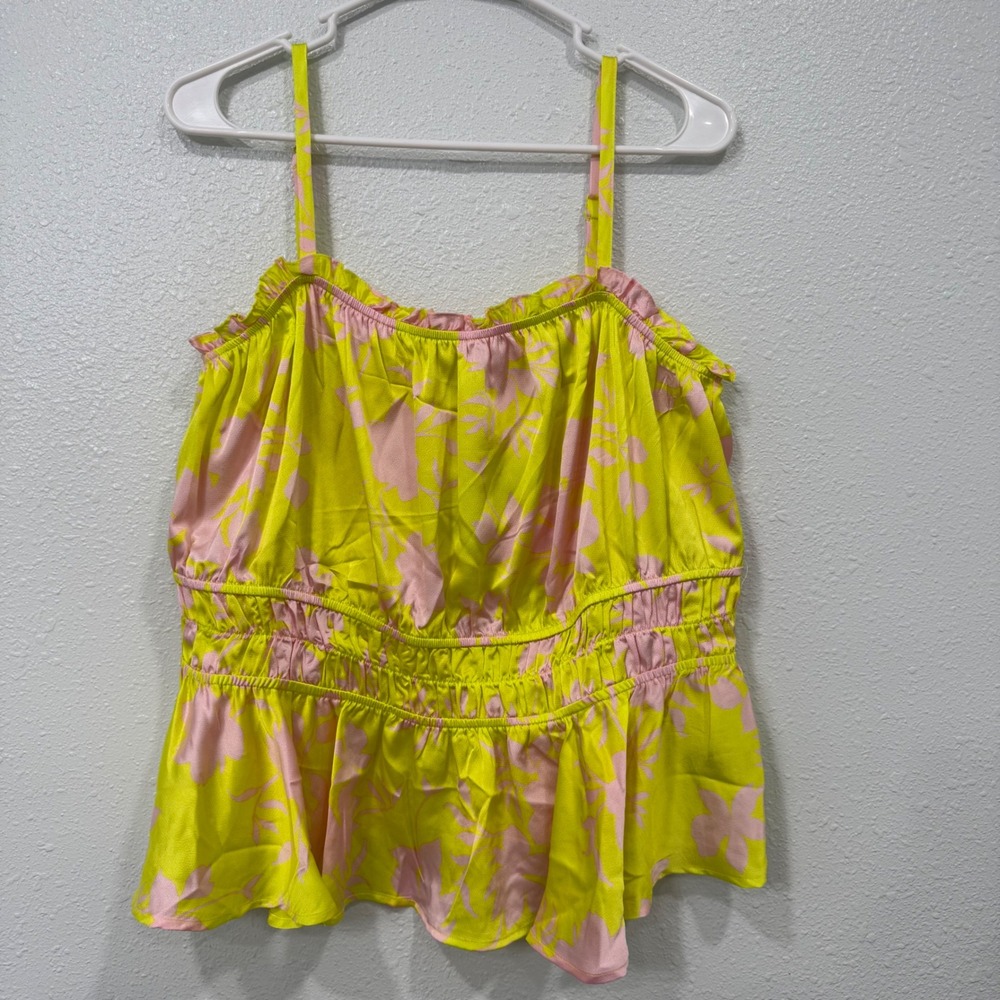 Torrid Womens Neon Yellow Pink Floral Smocked Peplum‎ Cami Top Size 1 Plus Satin